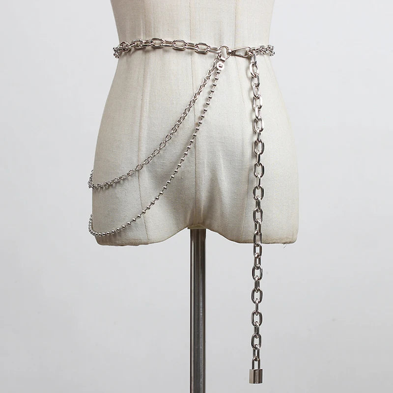 [EAM] Silver Color Metal Chain Long Irregular Belt Personality Women New Fashion Tide All-match Spring Autumn 2025 1DH8768