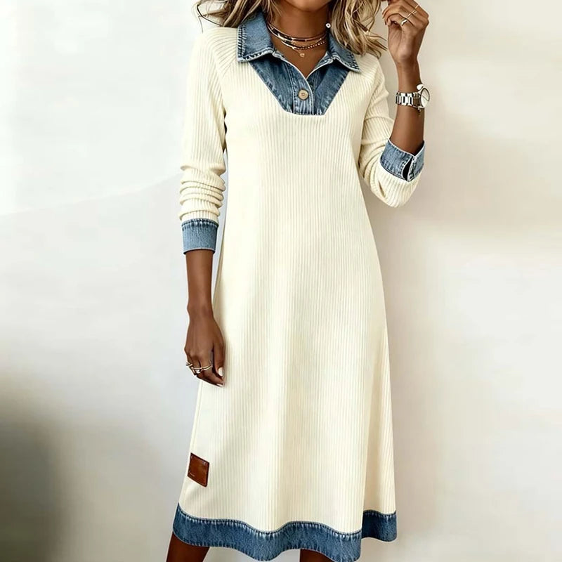 Elegant Patchwork Long Sleeve Midi Dress for Women