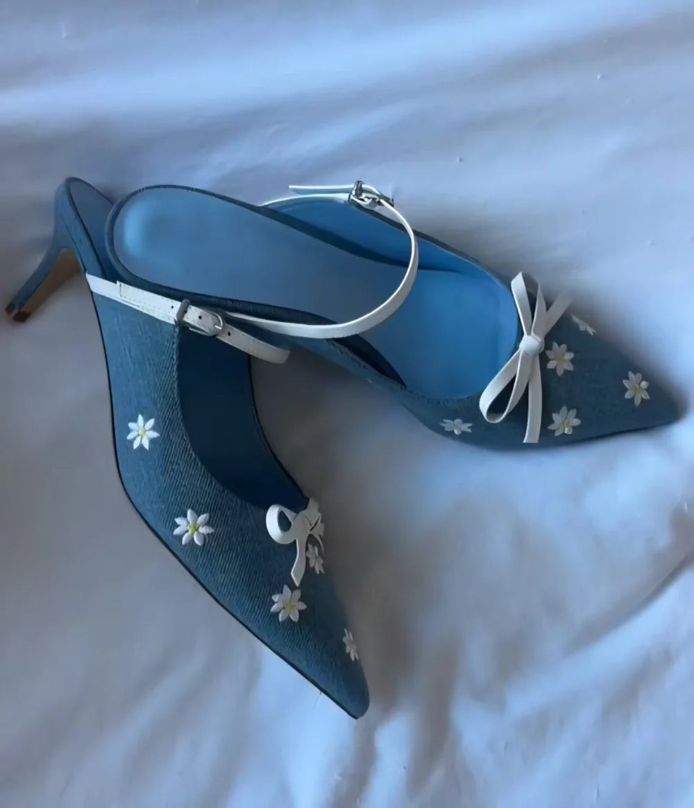 Blue Denim Daisy Bow Stiletto Sandals