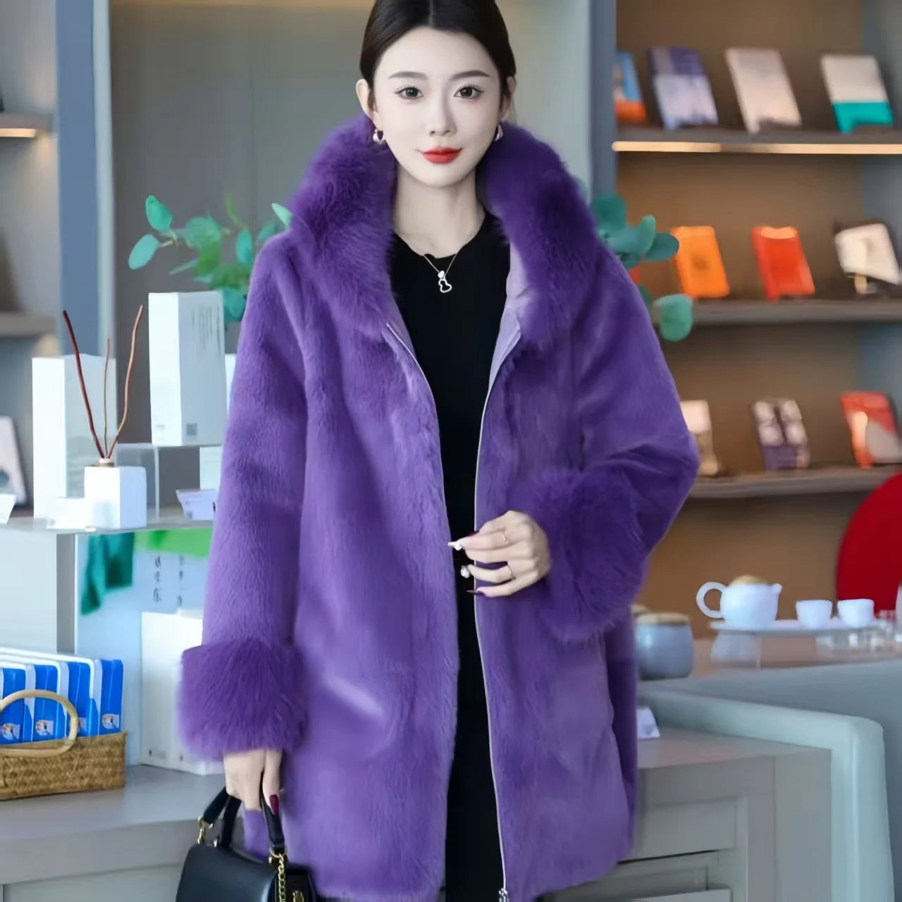 Faux Mink Fur Coat for Women,Zippers Jacket,Female Clothes,Fur Collar,Thick Warm,Autumn and Winter,2025