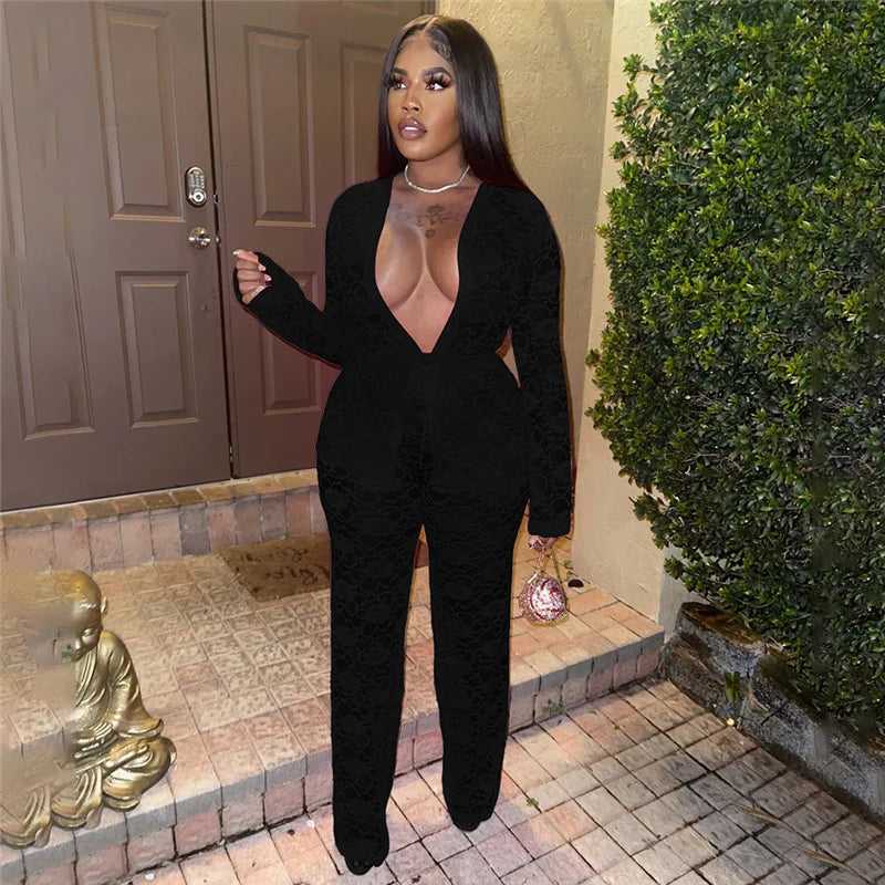 Sexy Lace Sheer Open Stitch Two Piece Set for Women