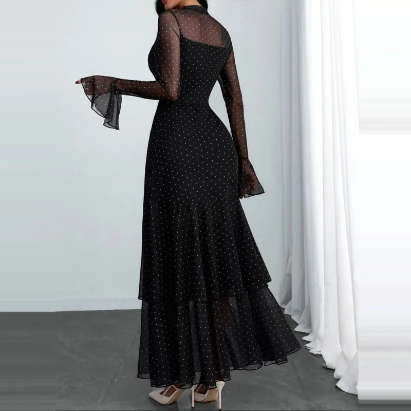 Pleated Polka Dot Ruffle Sleeve Maxi Dress for Women