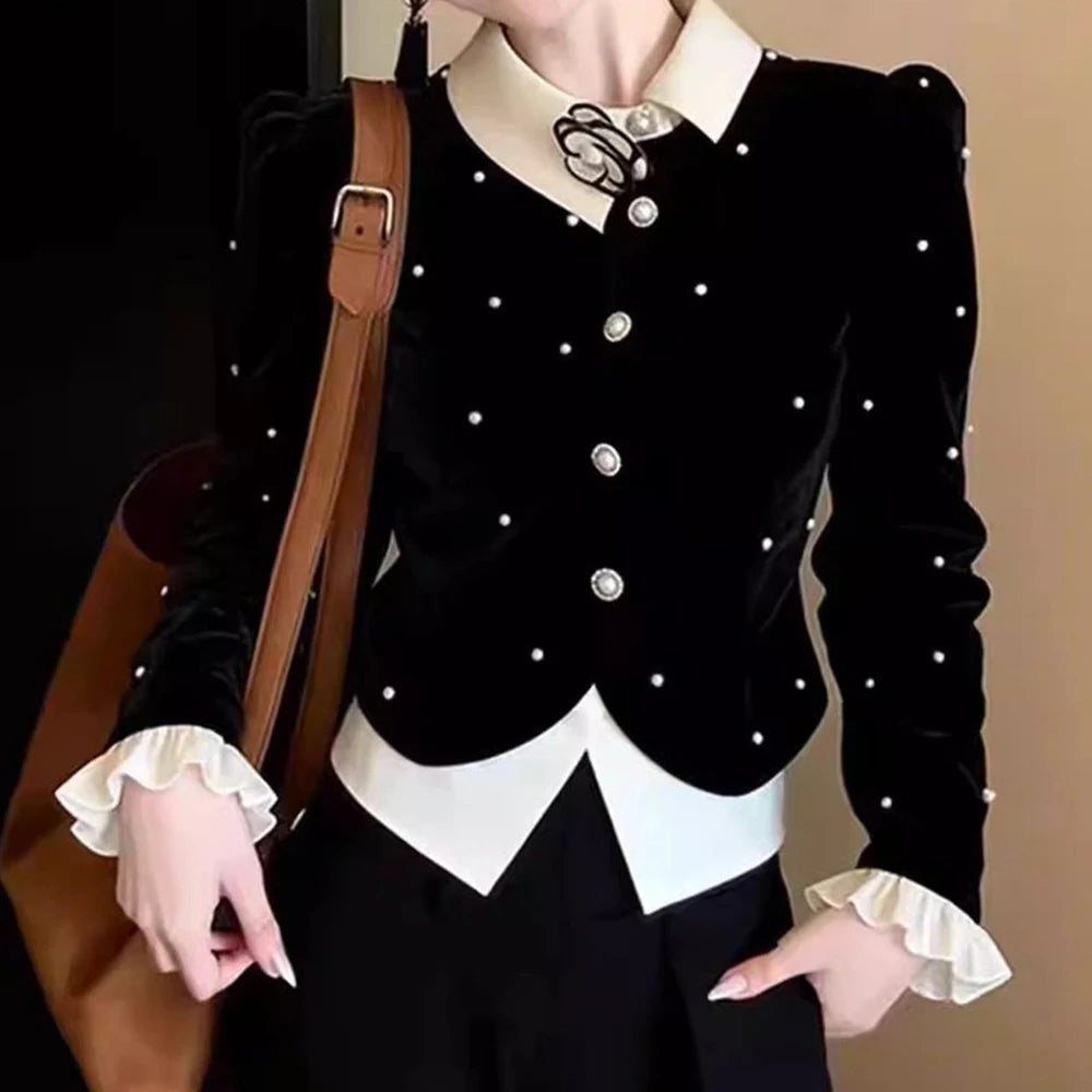 Elegant Single Breasted Long Sleeve Velvet Shirt for Women