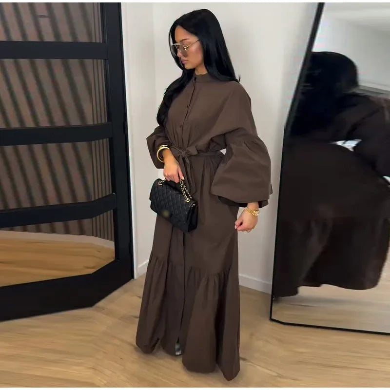 Casual Belted Long Lantern Sleeve Button Dress for Women