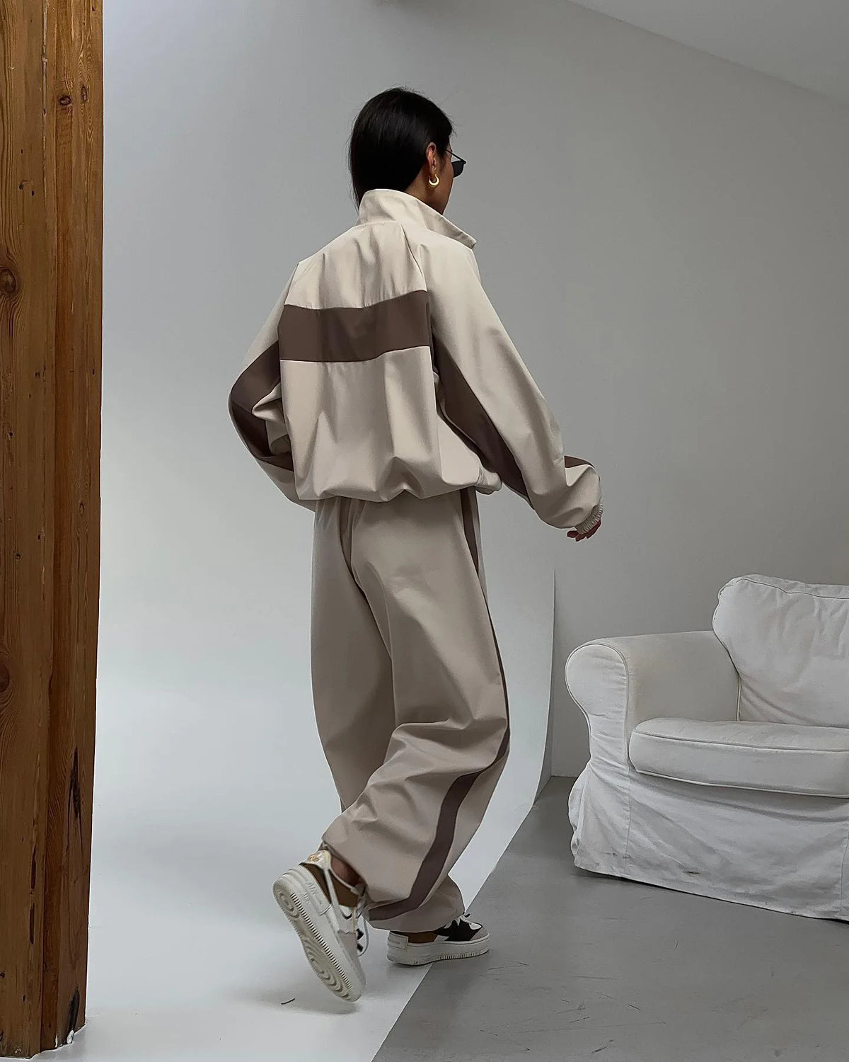 Casual Contrast Color Zipper Tracksuit Set for Women