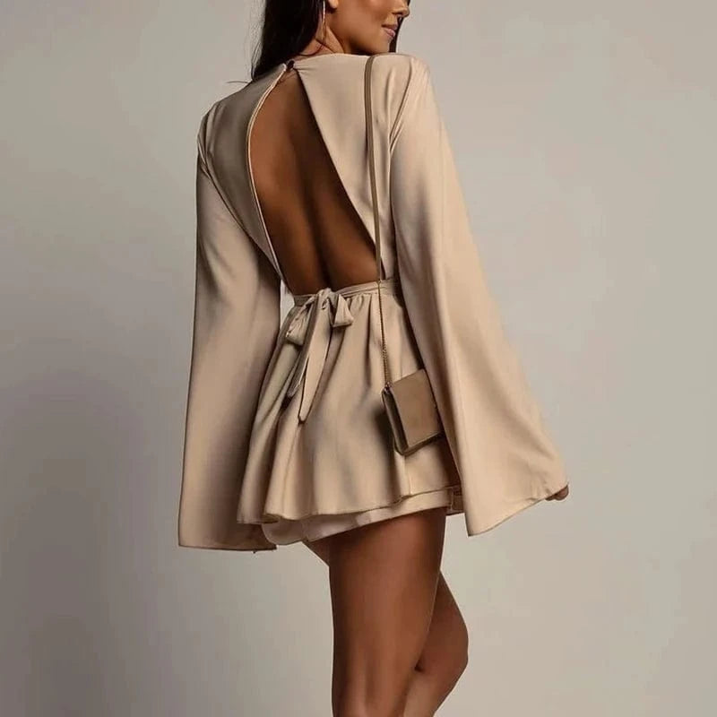 Fashion Flare Sleeve Backless Hollow Bow Dress Commute Elegant Solid A-Line Dress Women Spring Sexy O Neck High Waist Mini Dress
