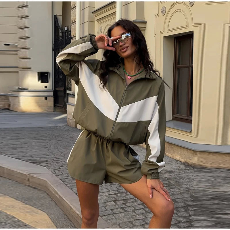 Color Block Zip Jacket and Shorts Tracksuit for Women