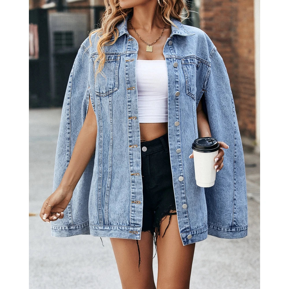 Elegant Women Buttoned Turn-down Collar Denim Coat Femme Fashion Cut Out Sleeveless Pocket Design Loose Jackets Autumn Outfits