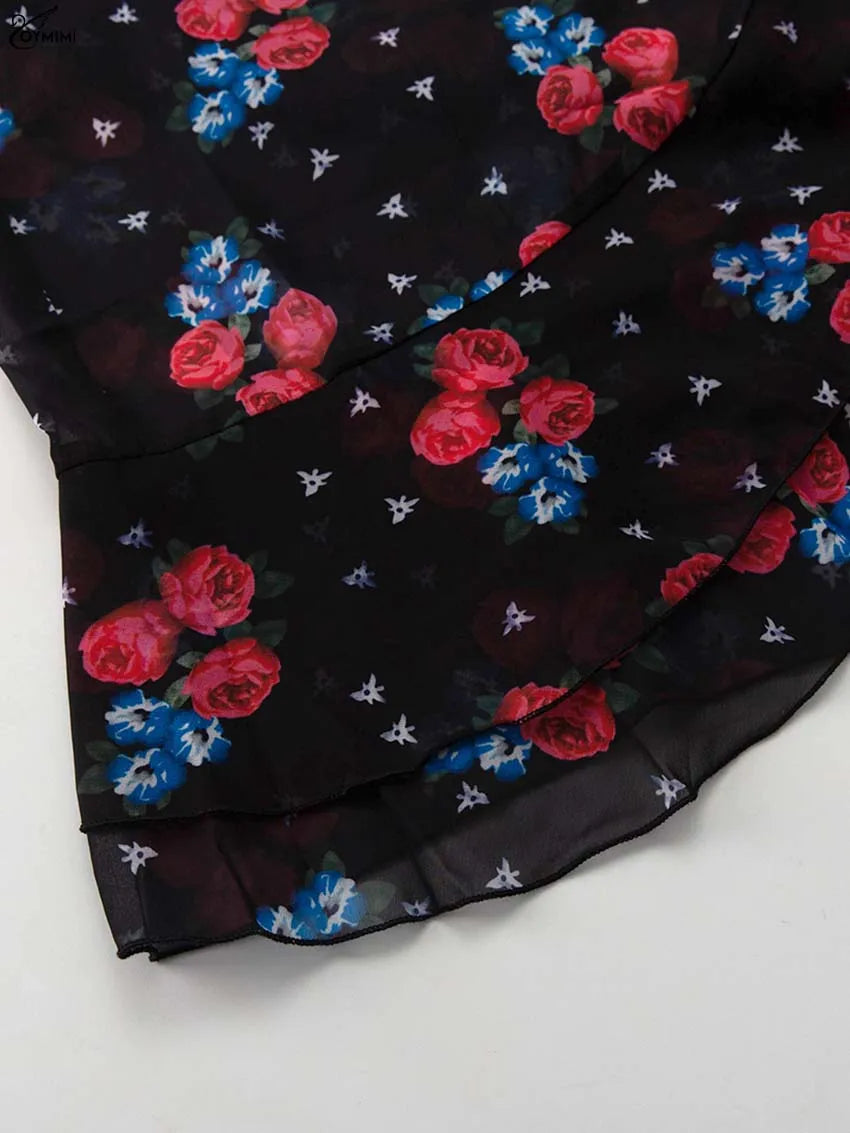 Oymimi Elegant Black Print Two Piece Set For Women Fashion Ruffled Long Sleeve Crop Shirts And Side Slit Floor-Length Skirts Set