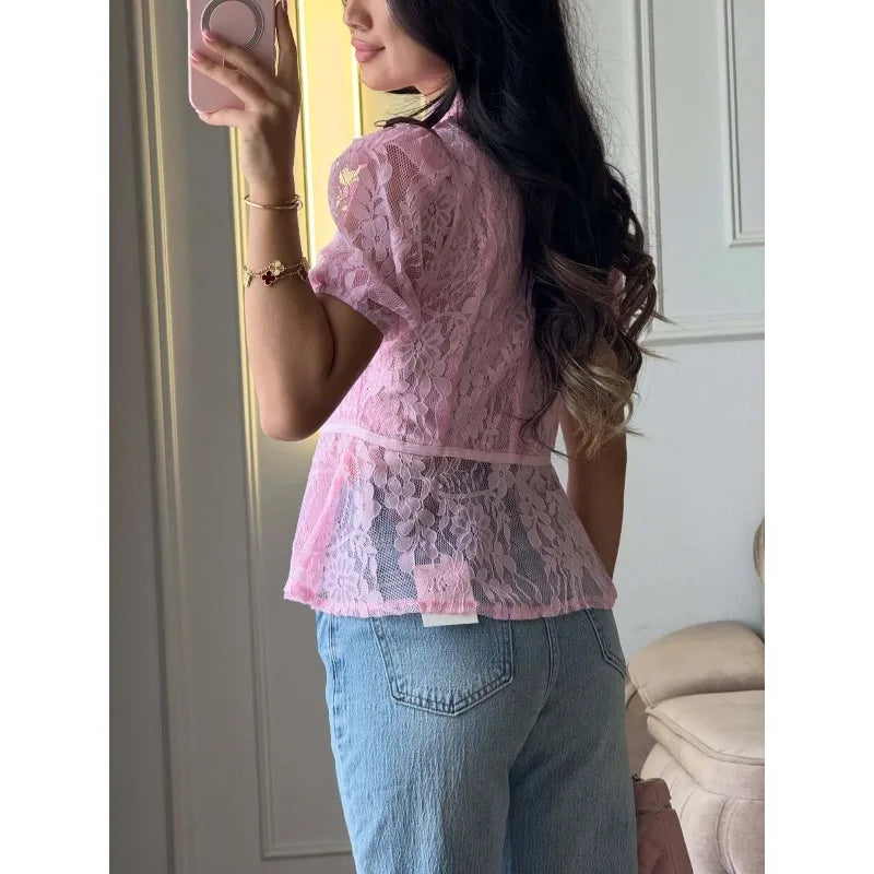 Short Sleeve Floral Lace Sheer Cheongsam Blouse for Women