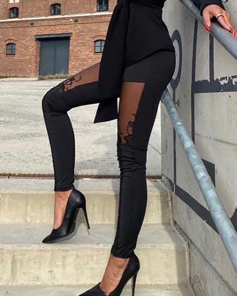 Sheer Mesh Lace Embroidery Patch Pants