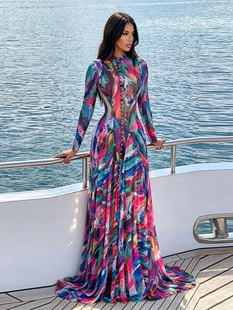 Chic O-Neck Printed Long Sleeve Casual Summer Dress for Women