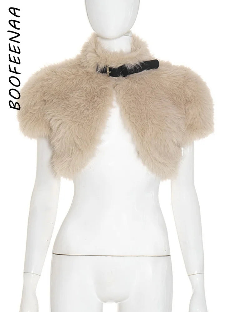 BOOFEENAA Fluffy Faux Fur Cropped Jacket Coat Woman Clothes Winter 2025 Streetwear Fashion Vest Top C85-EF24