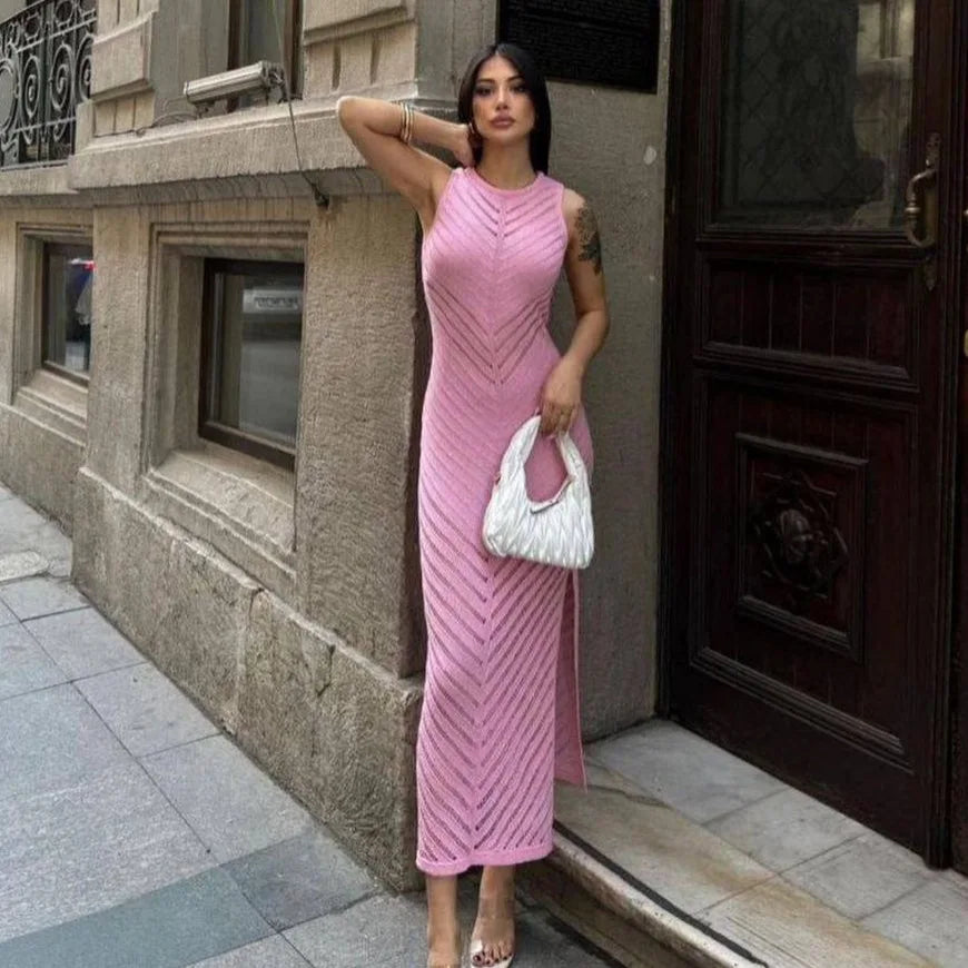 White Ankle Length Hollowed Out O Neck Sleeveless Dress for Women