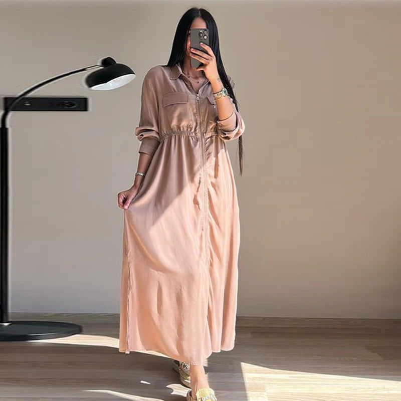 Women's Fashion Zipper Waist Long Dress Casual Solid Laple Full Sleeve A-line Long Robe Lady 2025 Autumn Chic Loose Streetwear