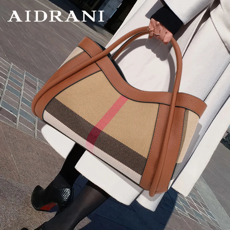 Retro Checkered Large Capacity Canvas And Leather Handbag for Women