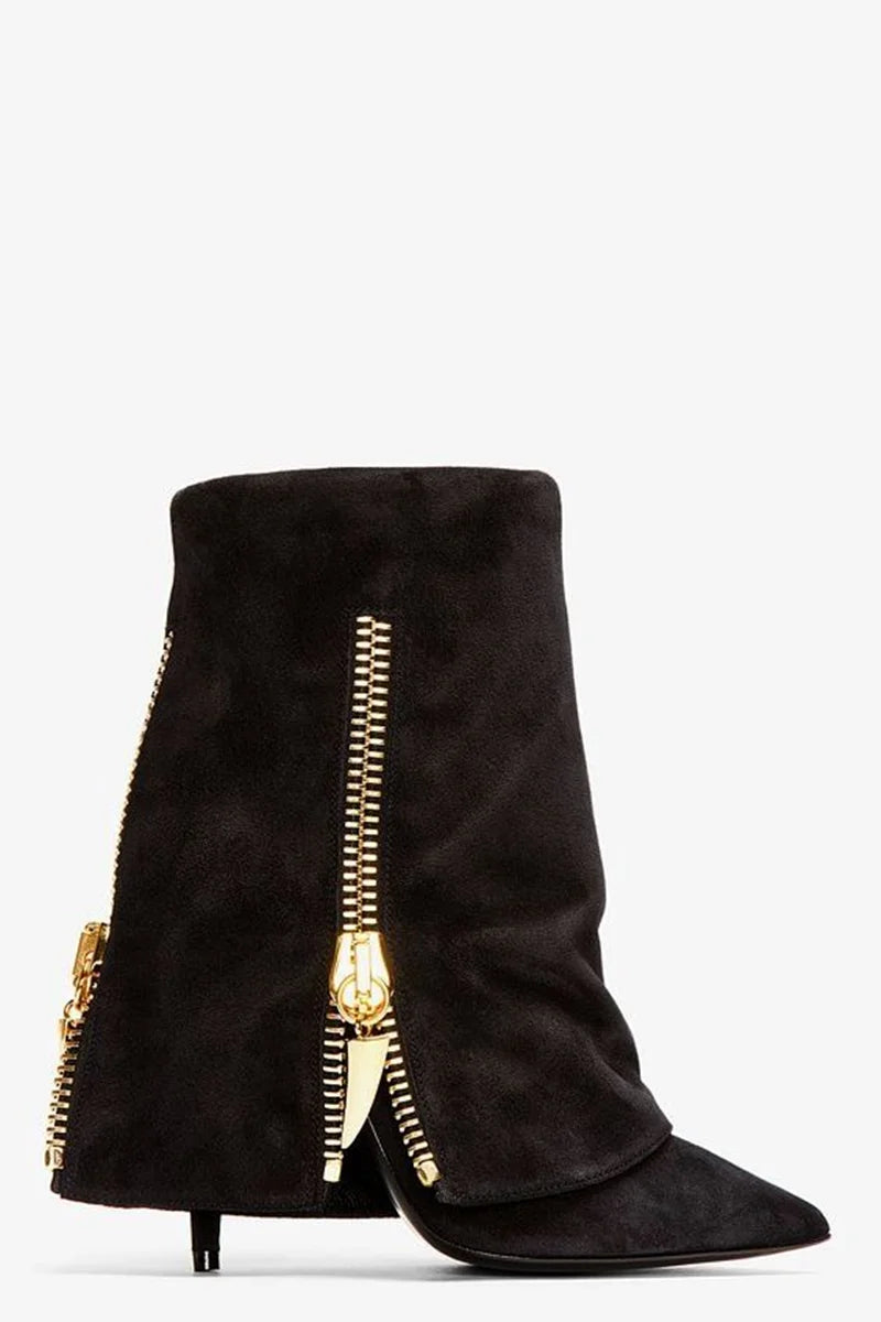 Black Suede Pointed Toe Ankle Boots With Gold Zipper For Women