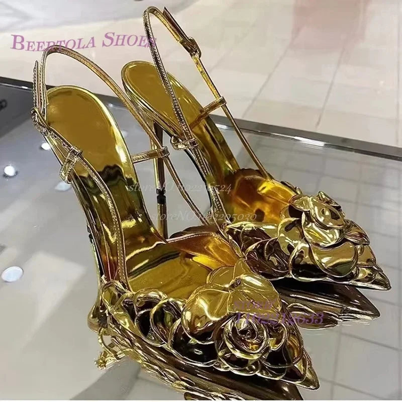 Elegant Metallic Gold Floral Applique Slim Heel Pump For Women