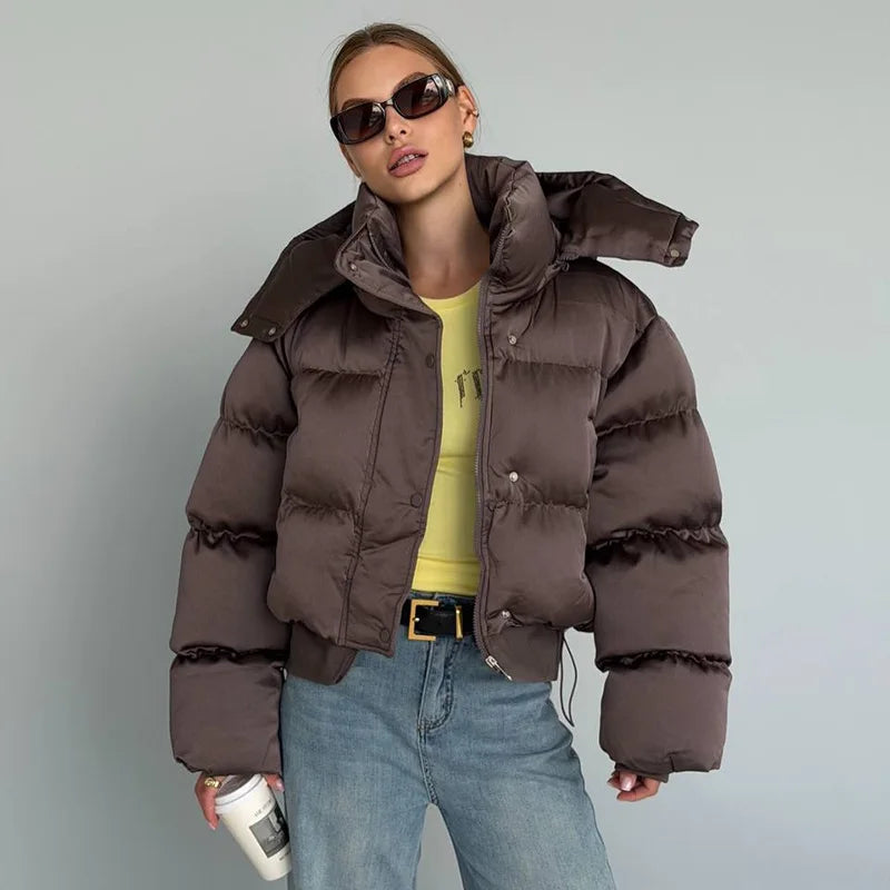Detachable Hood Cropped Padded Winter Jacket for Women
