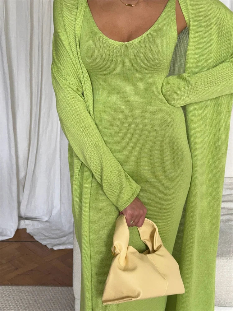 V-Neck Ribbed Knit Maxi Dress Set