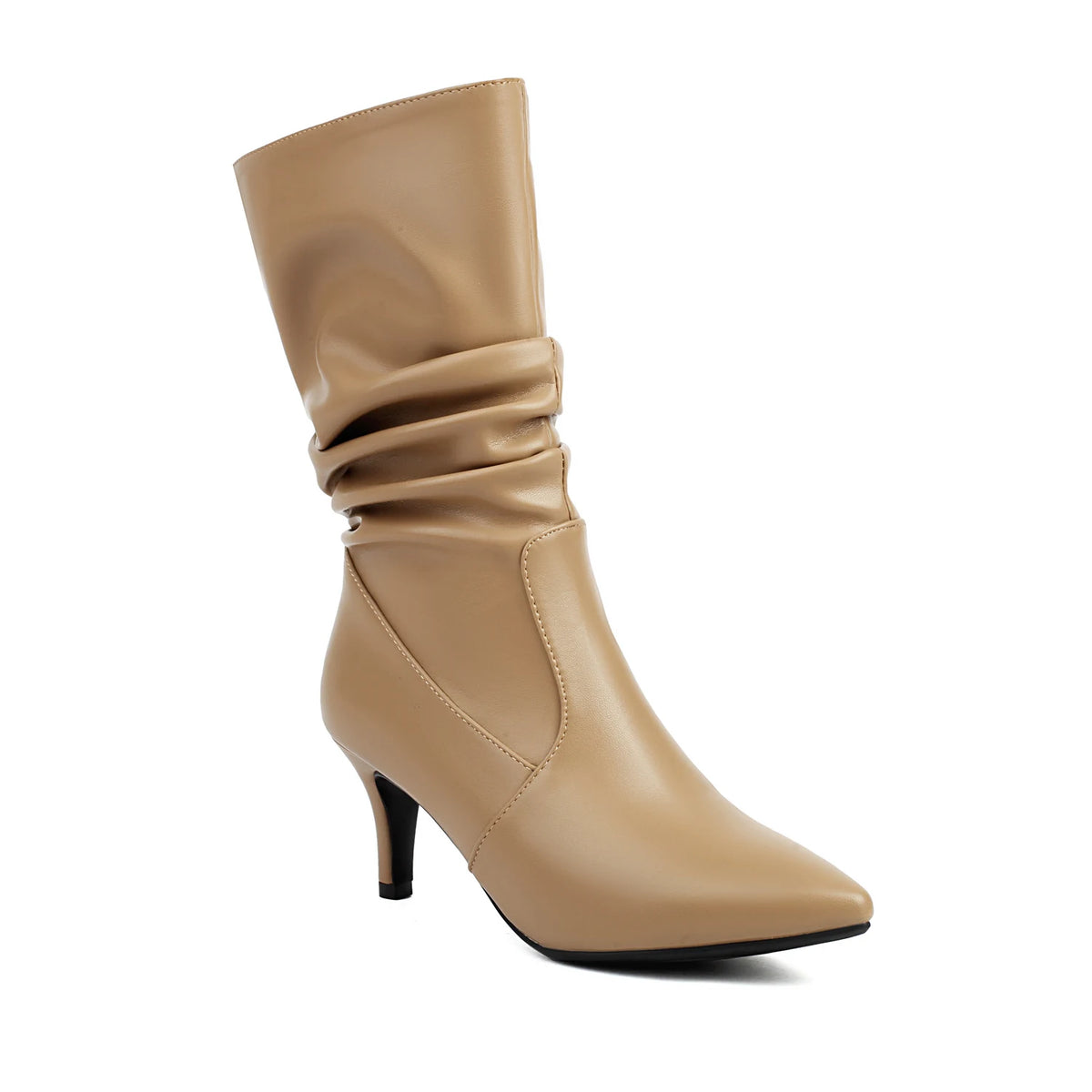 Metallic Pleated Pointed Toe Mid-Calf Stiletto Boots for Women