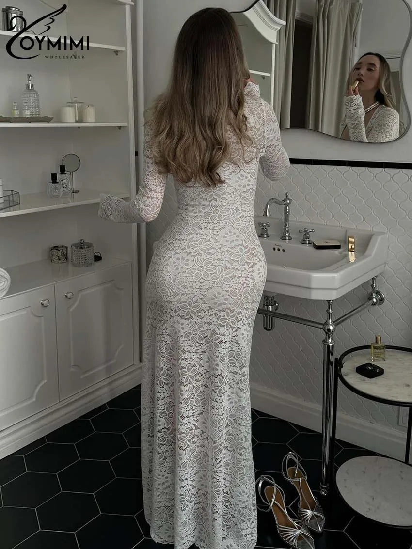 Oymimi Sexy White Lace Women's Dress Summer New Slim Square Neck Long Sleeve Dresses Fashion Straight Floor-Length Dress Female