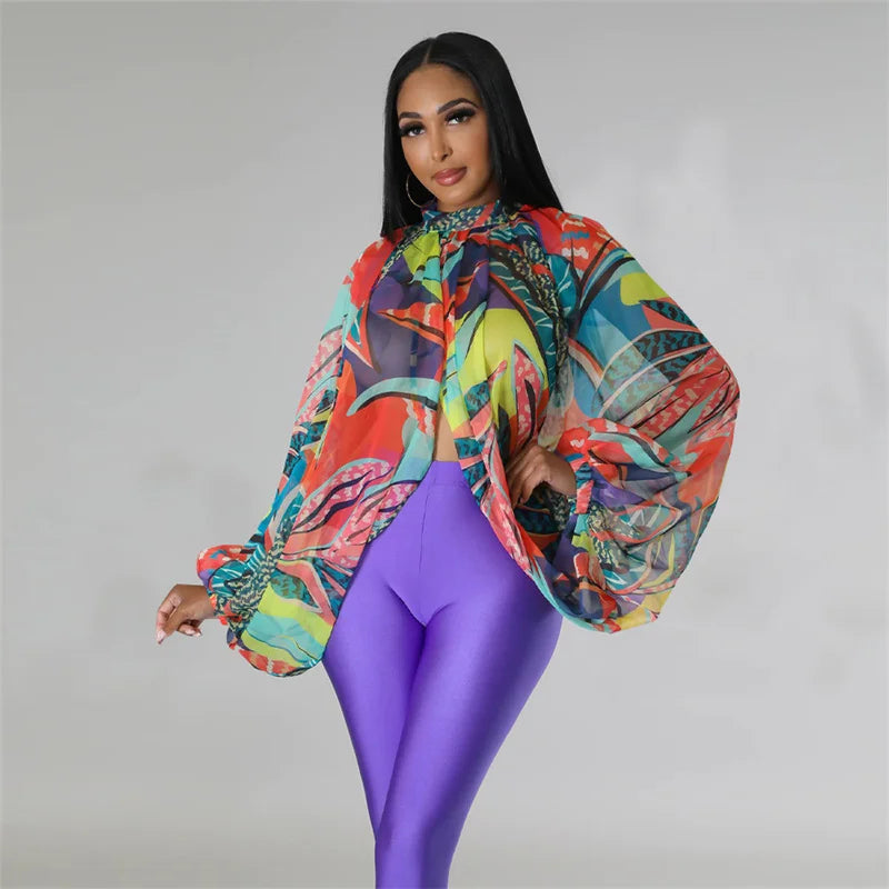 Printed Batwing Sleeve Chiffon Blouse With Sheer Front for Women