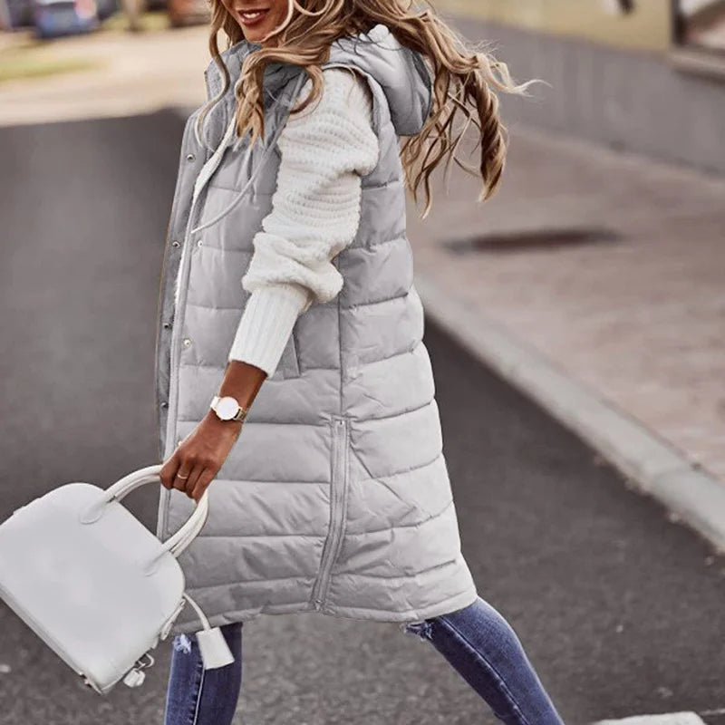 Warm Hooded Longline Sleeveless Vest Coat for Women
