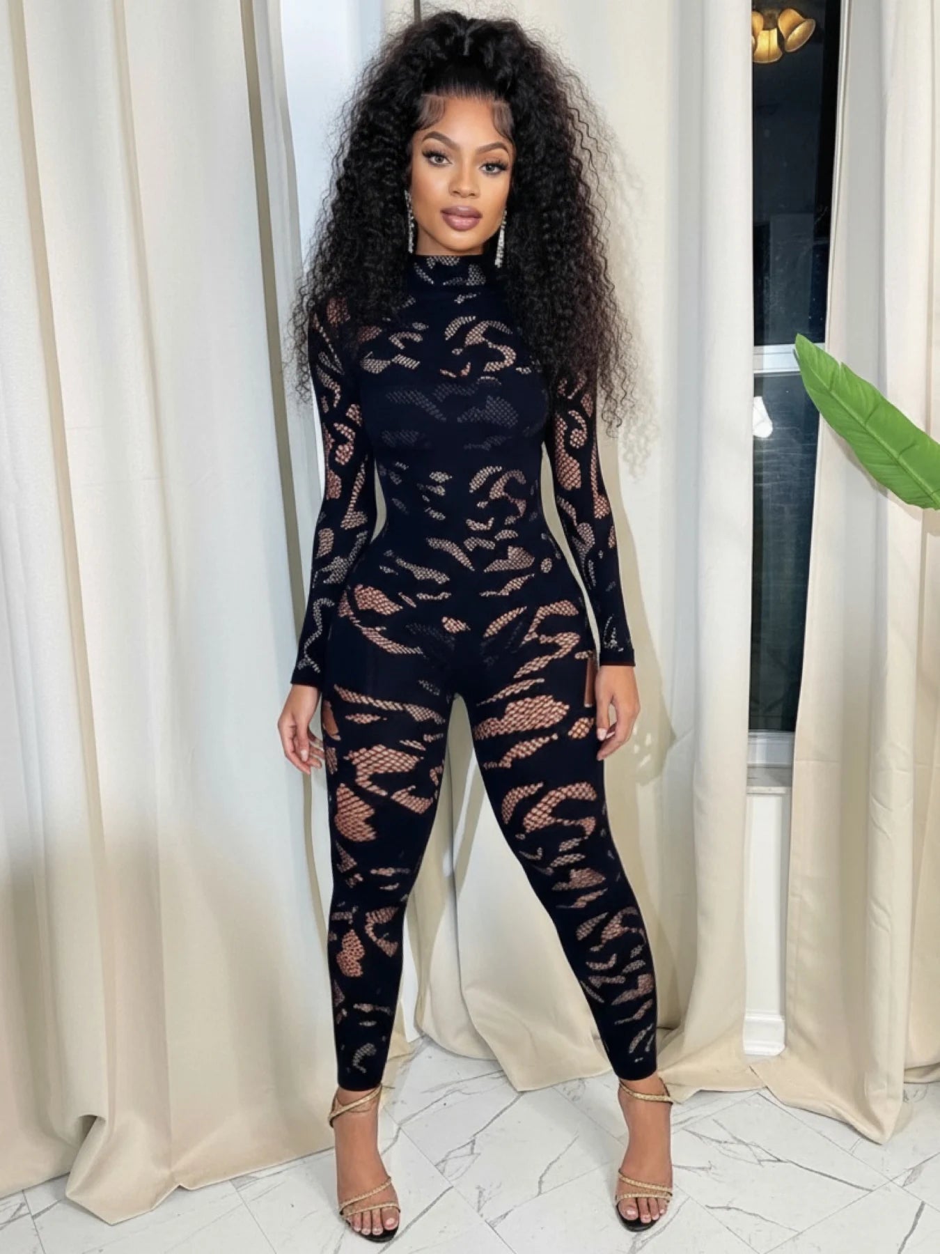 Peach See Through Jumpsuit With O Neck And Long Sleeves for Women