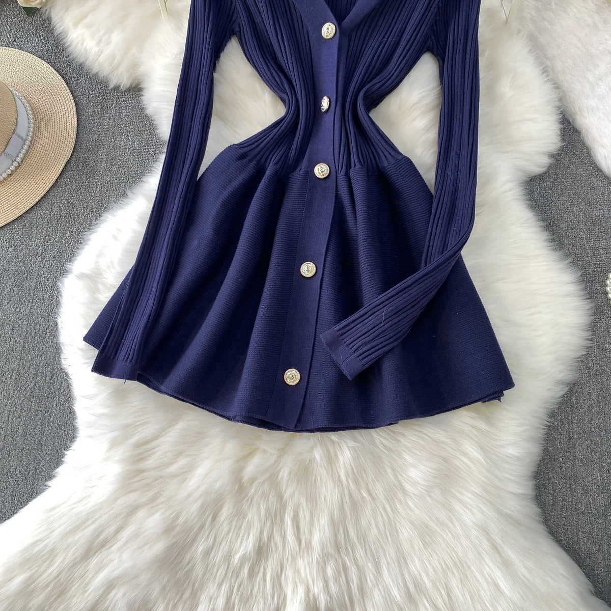 V Neck Knit A Line Long Sleeve Mini Dress for Women