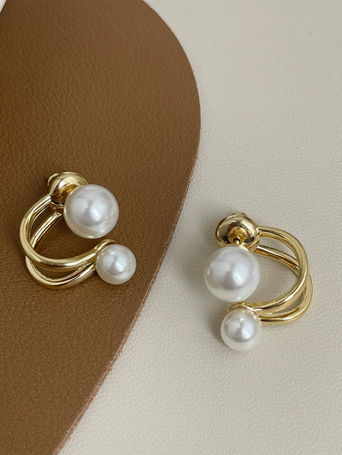 Gold Tone Pearl Geometric Stud Earrings