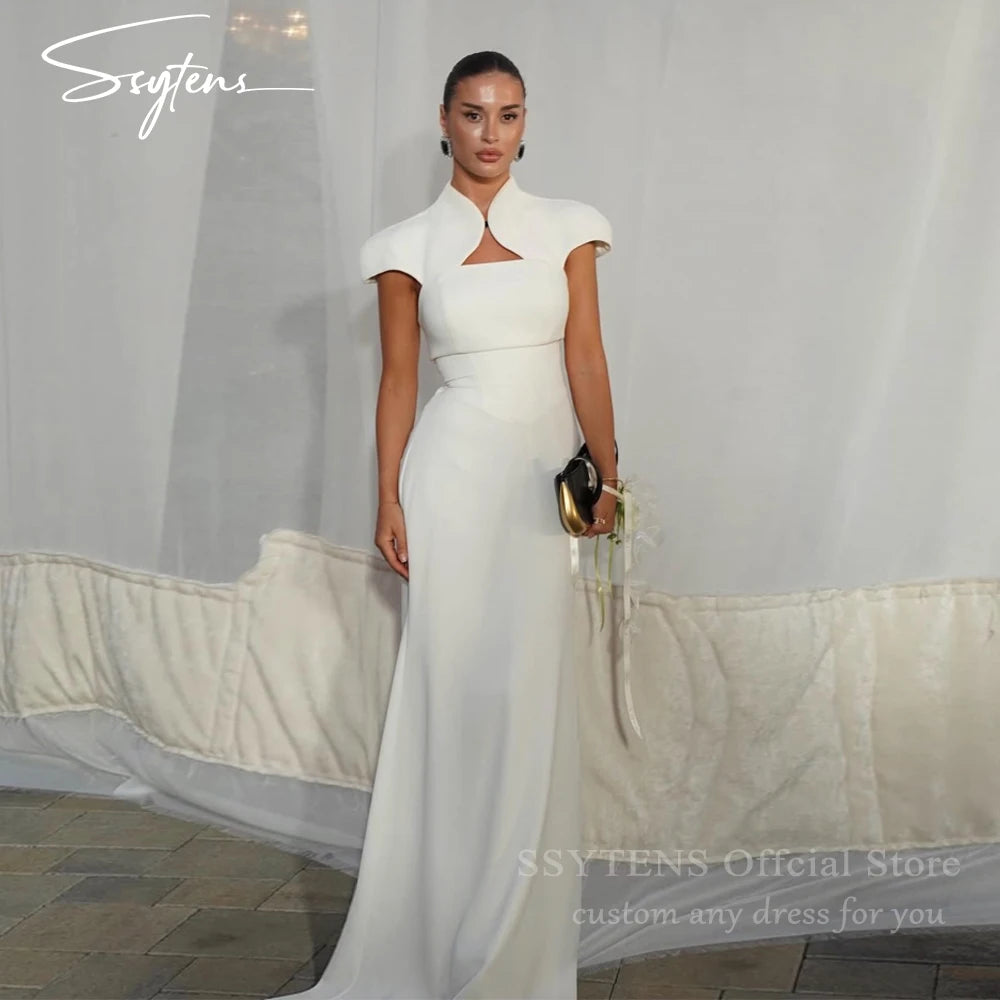 Mermaid Silhouette White High Neck Floor Length Evening Dress for Women