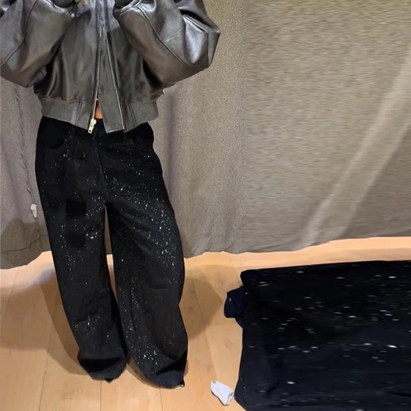 Sequined High Waist Wide Leg Pants with Pockets for Women