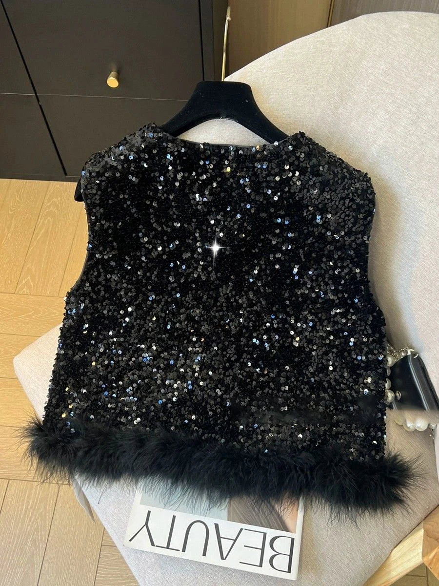 Elegant Retro Chinese Style Sequined Knit Vest for Women