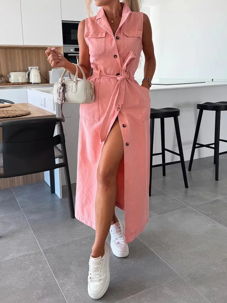 Single-Breasted Lace-Up Cardigan Dress, Women Summer Denim Style Sleeveless Maxi Dress, 2025 Solid Turn-Down Collar Ladies Dress