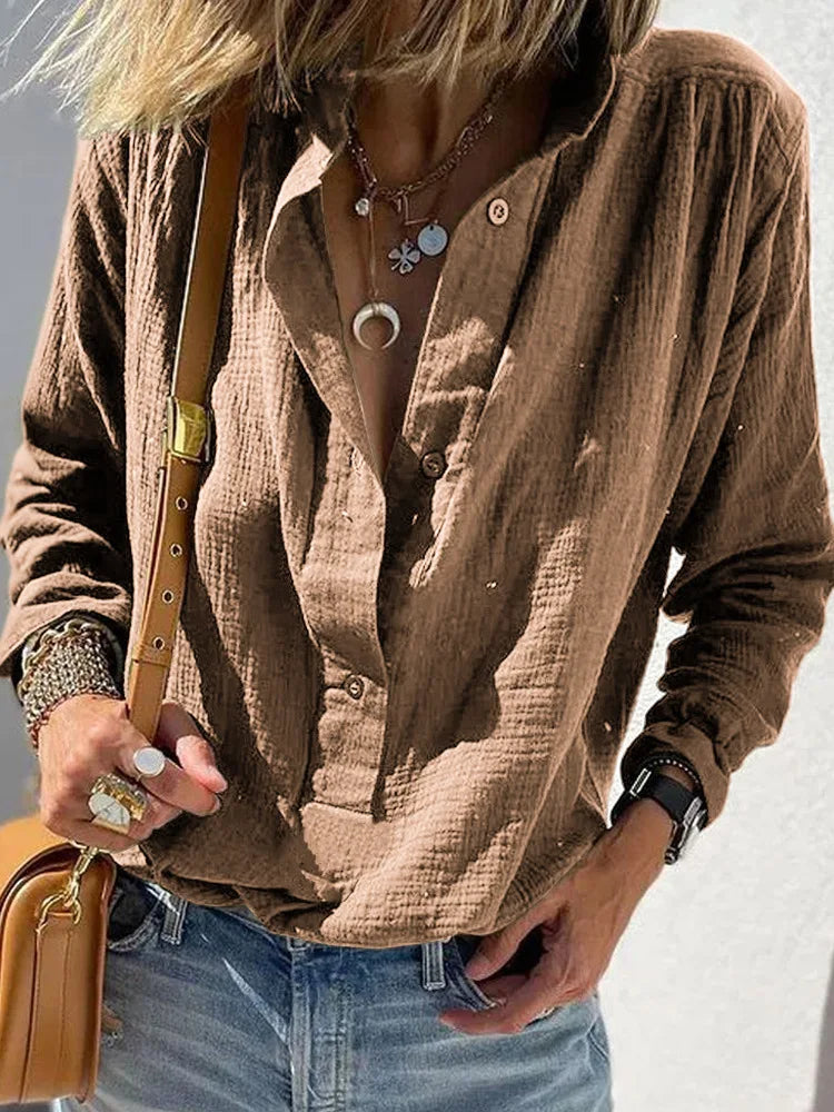 Long-sleeved cotton and linen women's shirt 2025 autumn loose single-breasted lapel casual shirt, office women's clothes