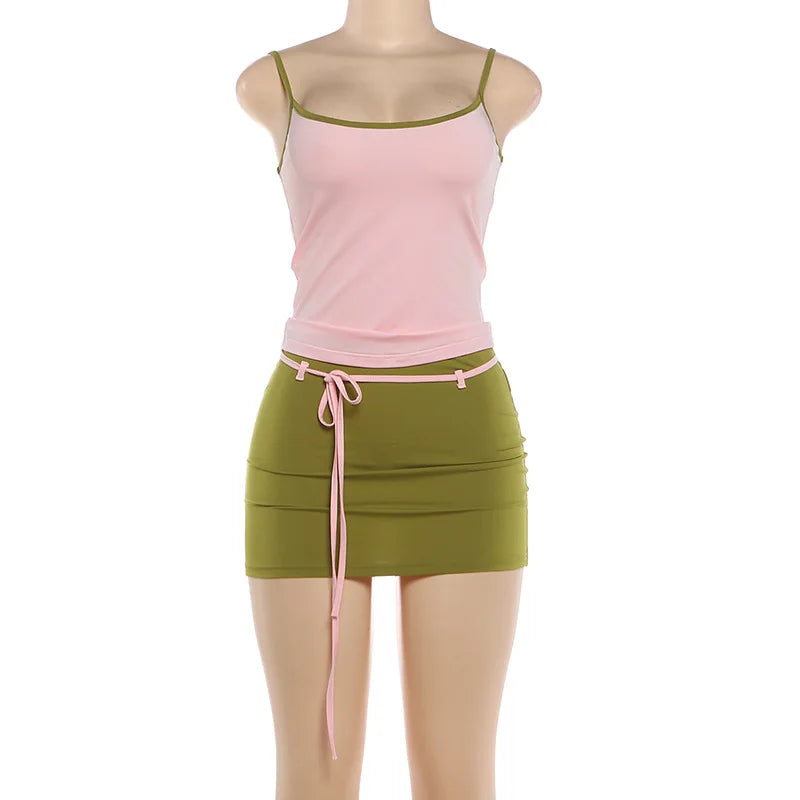 Color Blocking Two Piece Set Backless Camisole And Tassel Skirt for Women