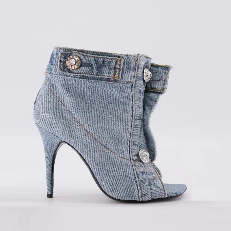 Elegant Denim Look Strappy Peep Toe Stiletto Sandals for Women