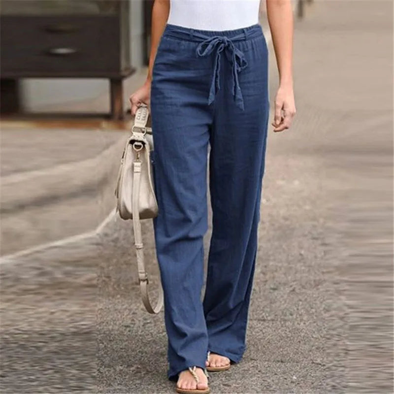 Linen Cotton Elastic Waist Ankle Length Pants for Women