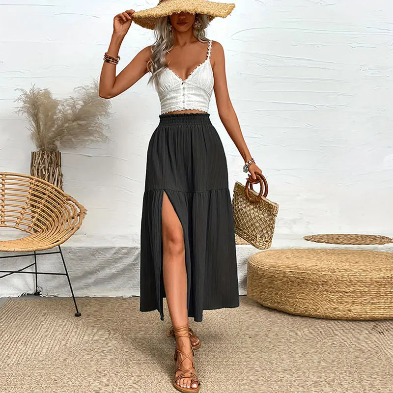 New Women Skirt Fashion Bohemian Midi Skirt High Waist Solid A Line Ruffle Skirt Casual Side Slit Beach Skirts 3 Colors Skort