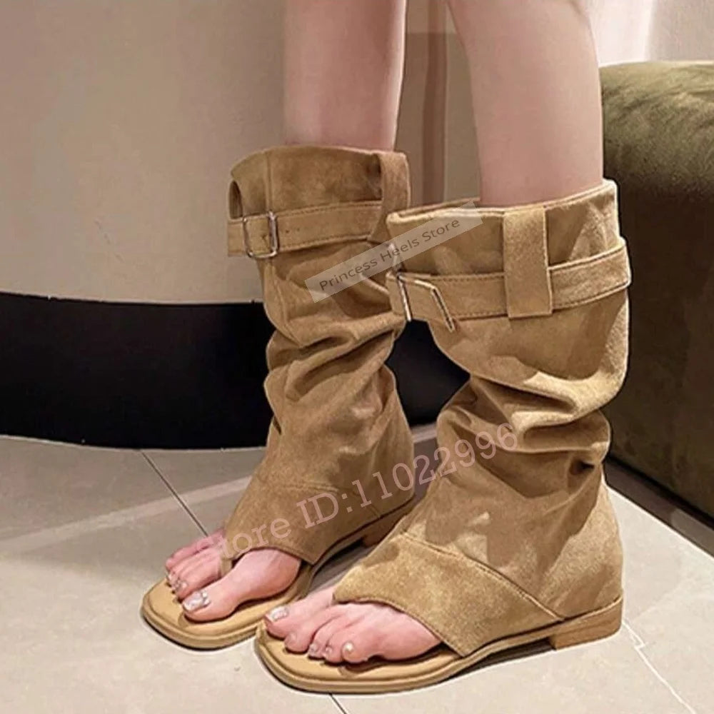 Flat Slip On Suede Straps Open Toe Mid Calf Boots for Women