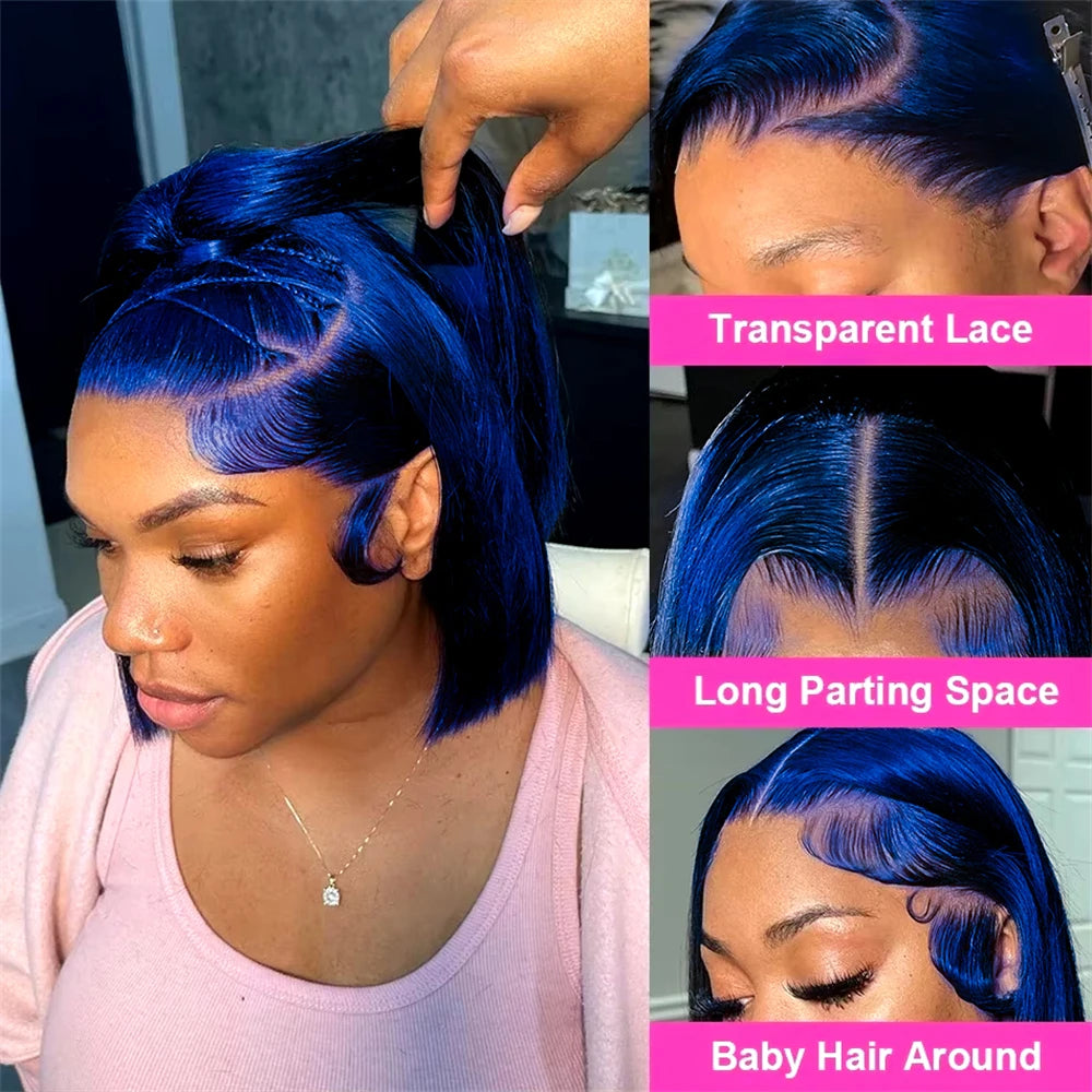 Navy Blue Straight Lace Front Bob Human Hair Wig For Women