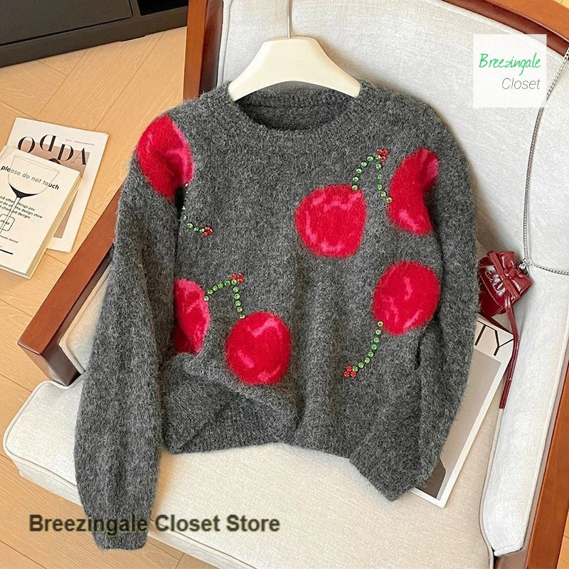 Cherry Jacquard Round Neck Long Sleeve Sweater For Women