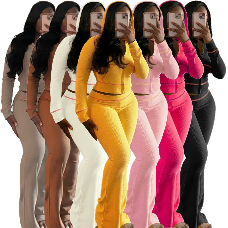 Hooded Long Sleeve Two Piece Matching Pants Set for Women