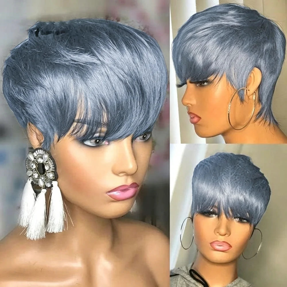 Short Layered Pixie Cut Human Hair Wig With Bangs for Women