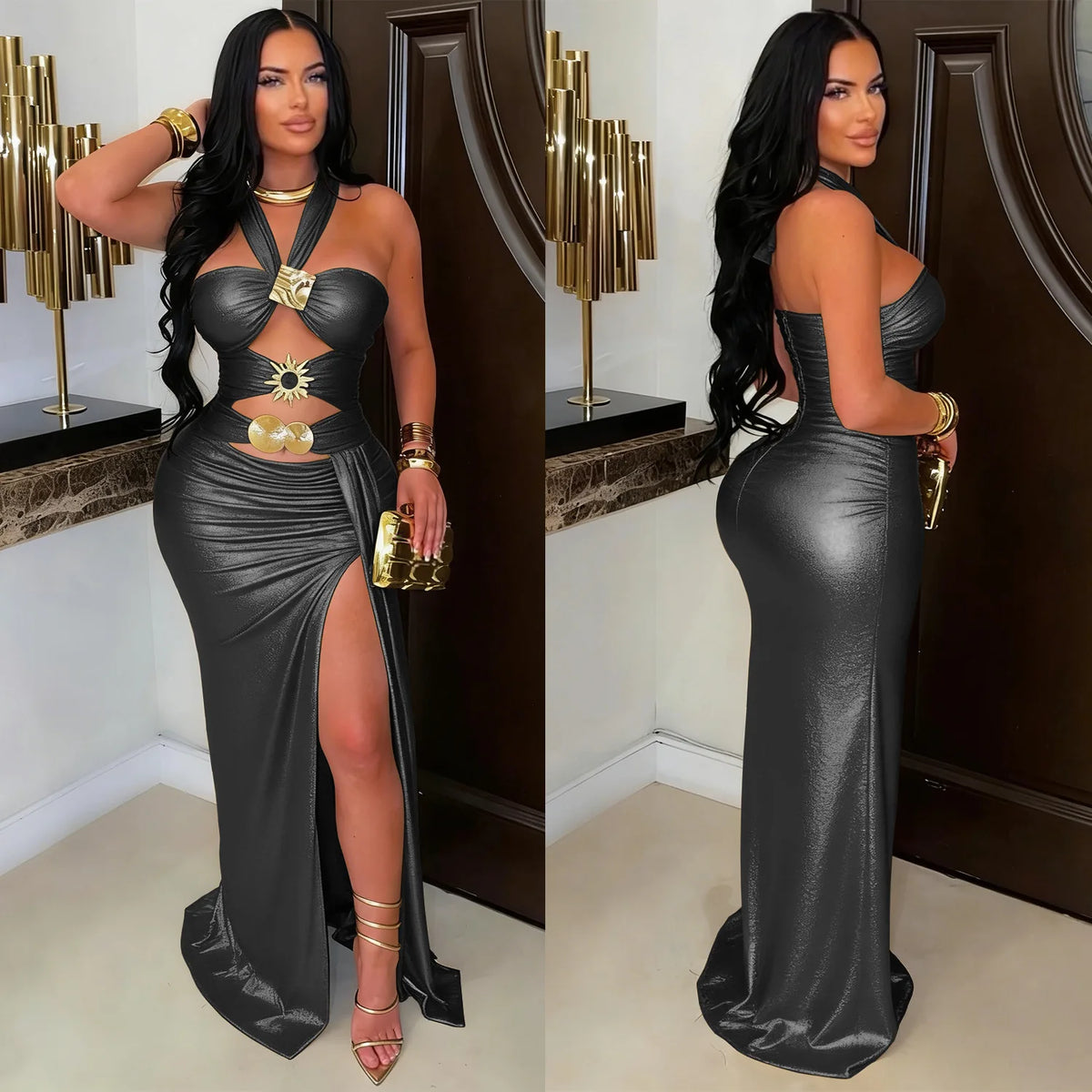 Sleeveless Halter Backless Slit Bodycon Maxi Dress for Women
