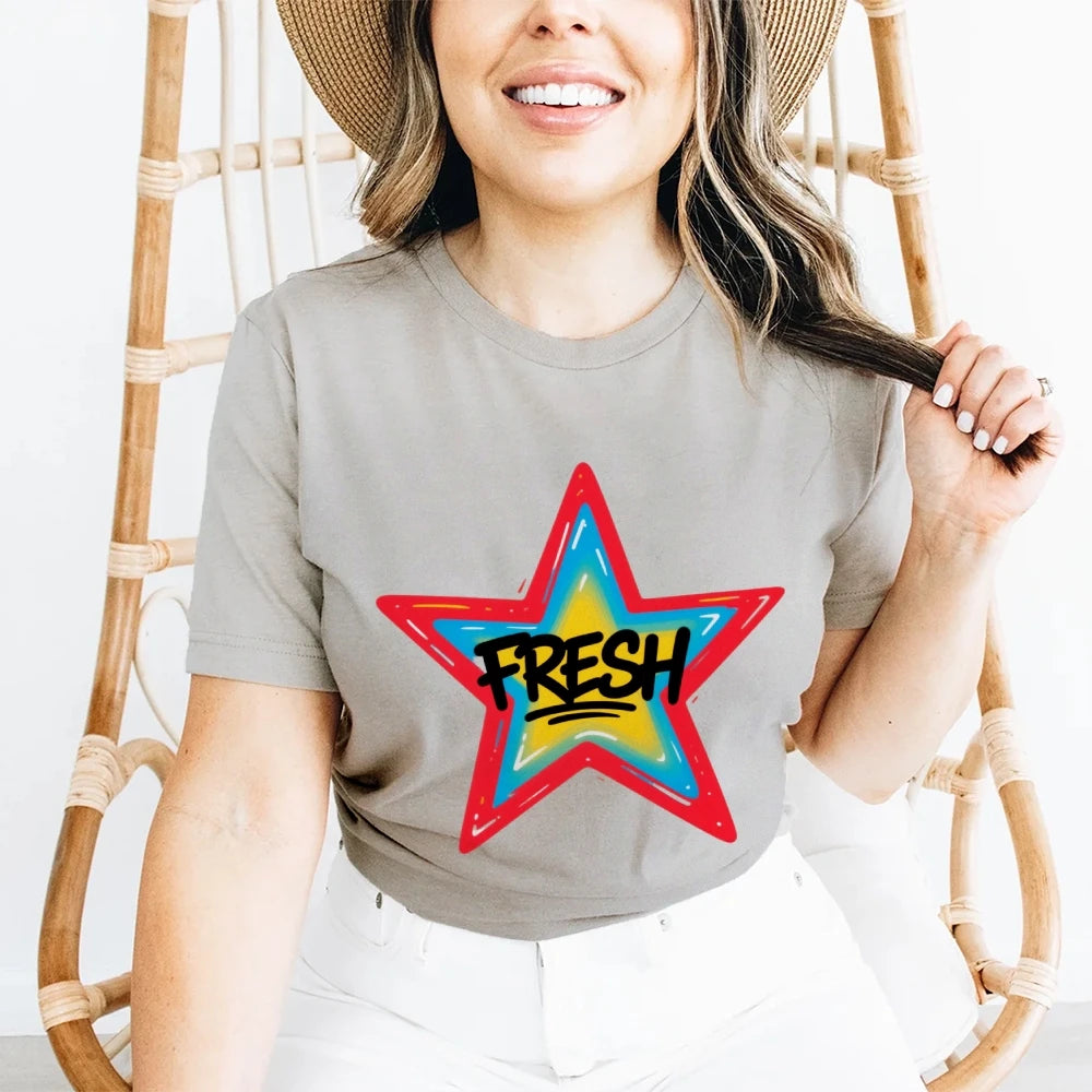 Graffiti Style FRESH Colorful Star Graphic Tee Casual White T-Shirt with Vibrant Gradient Star Design for Trendy Urban Fashion