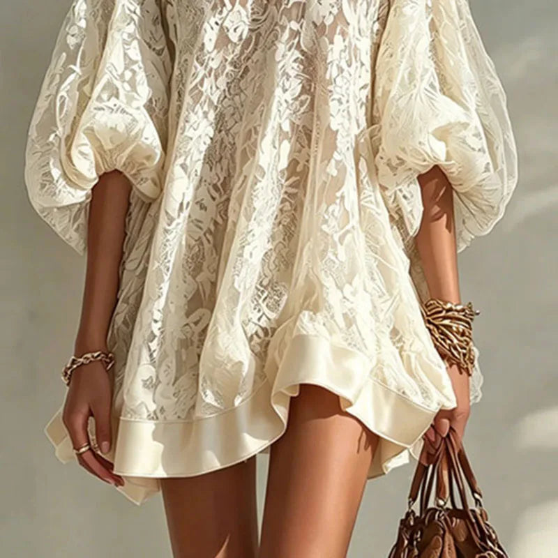 Floral Lace Puff Sleeve Boho Ruffle Mini Dress for Women