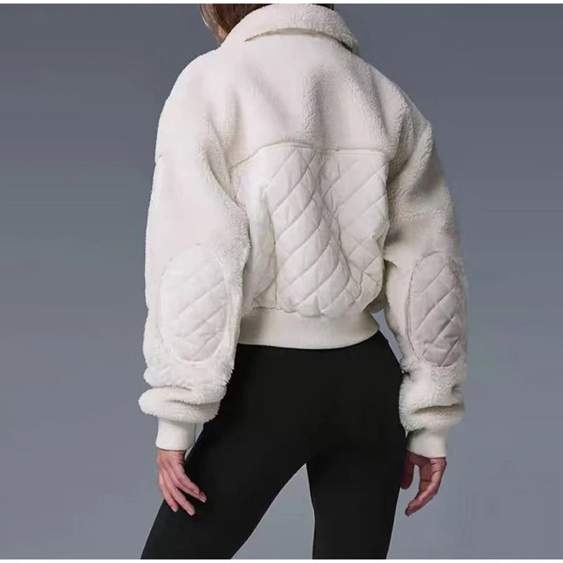 Elegant Lamb Women's Coat Vintage Stand Collar Thicken Full Sleeve Pockets Jacket Female 2025 Autumn Winter Woman Coats Outwears