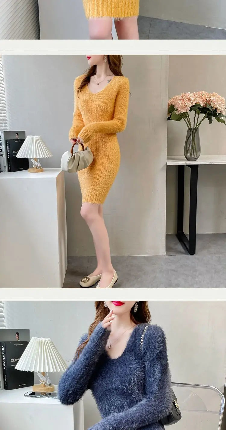 Cozy Faux Mink Knit Sweater Dress